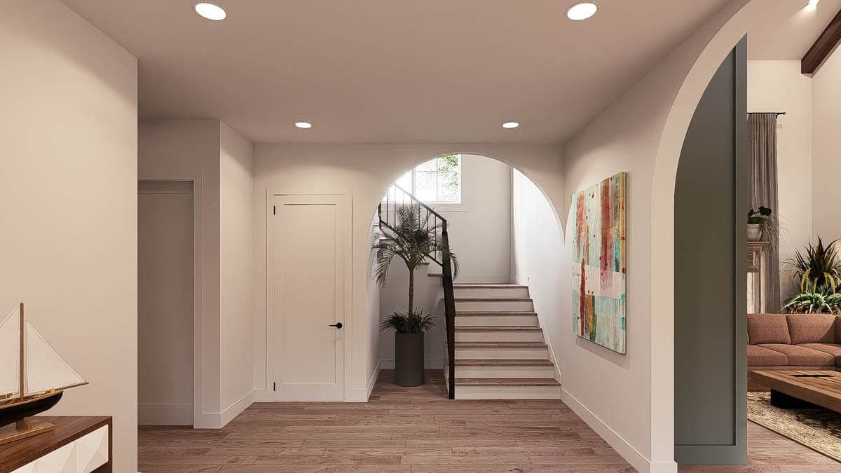 Interior rendering of a hallway with arched entryway to stairs, sideboard, artwork, and open doorway to living area.