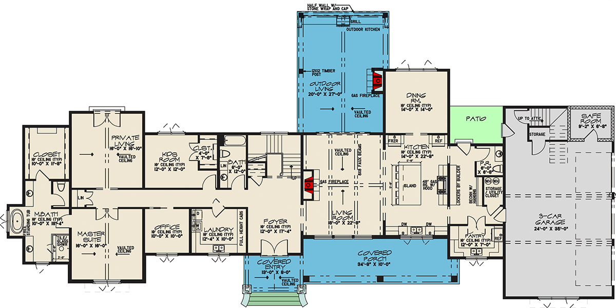 Plan 700501SND: 4-Bed Modern Mountain House Plan with Outdoor Kitchen and Outdoor Fireplace - 4154 Sq Ft - Floor Plan - Main Level - Craftsman, Hill Country, Mountain, New American, Transitional