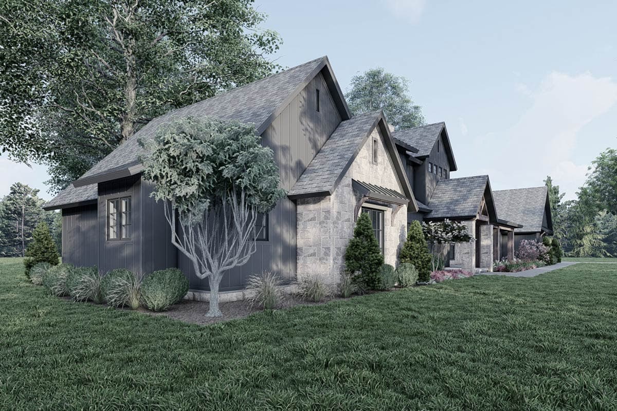 House plan exterior with stone and vertical siding, multiple gables, and dark trim.