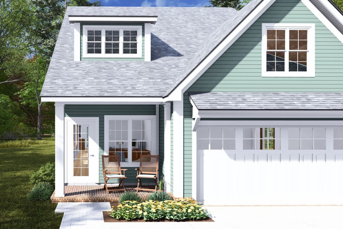 House plan exterior: two-story Modern Farmhouse with gabled dormer, covered porch, and attached garage.