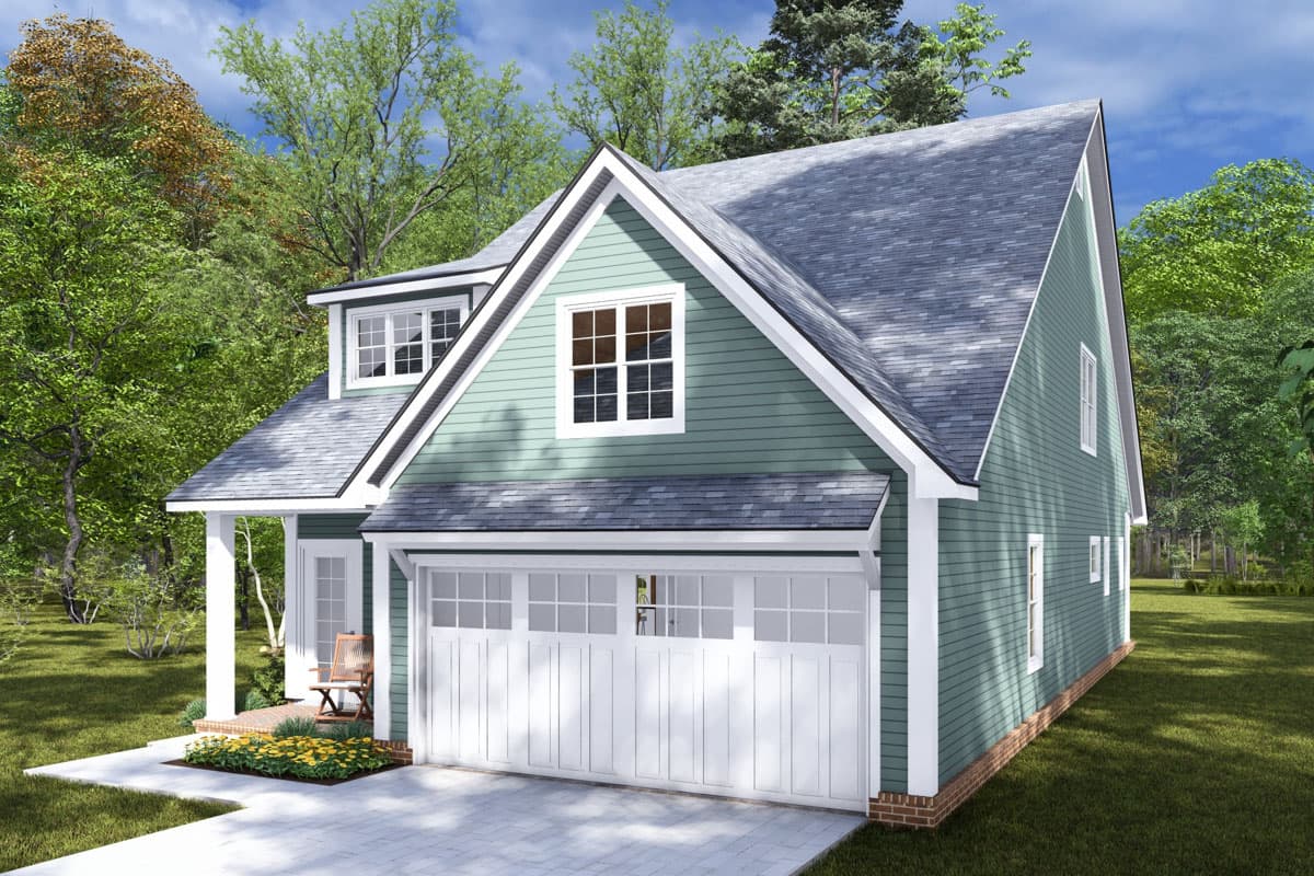 House plan exterior of a two-story home with a prominent gable, dormer, and a front-facing garage.