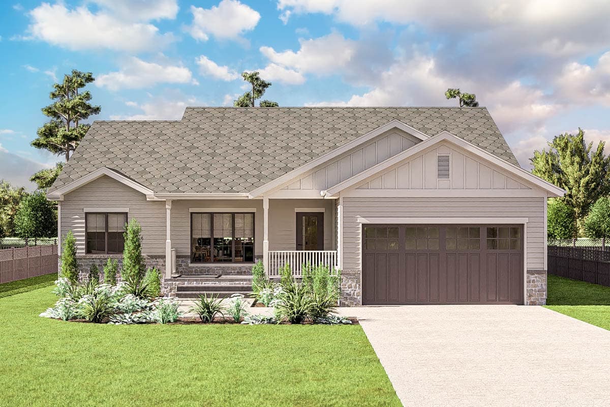 House plan exterior with Craftsman-style features. One-story home with front porch, gables, and attached garage. Stone accents on the foundation.