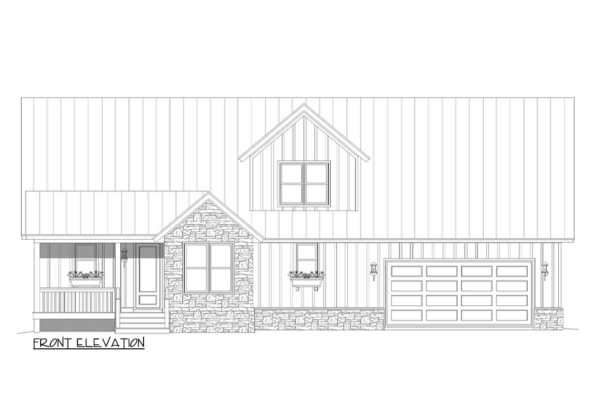 Front elevation of a Modern Farmhouse plan, featuring a covered porch, stone accents, and a two-car garage.