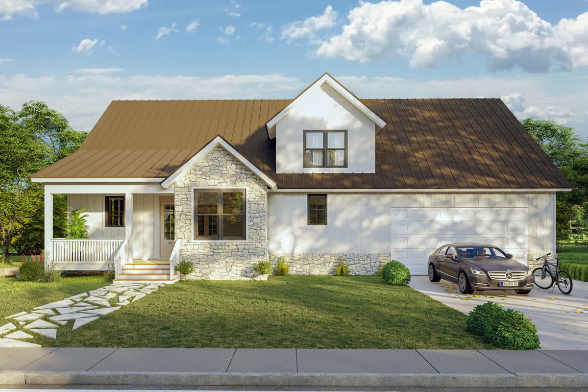 House plan exterior. Two-story Modern Farmhouse with stone accent, gabled roof, and attached garage. Includes front porch and walkway.