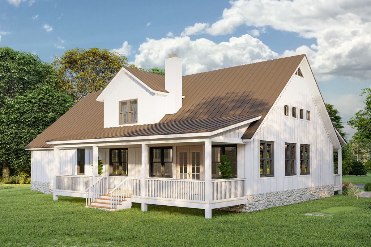 Modern farmhouse house plan exterior with wraparound porch, metal roof, stone foundation, and gabled dormers.
