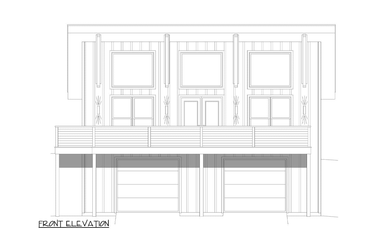Front elevation drawing of a modern house plan with two garage doors on the lower level and a balcony above.