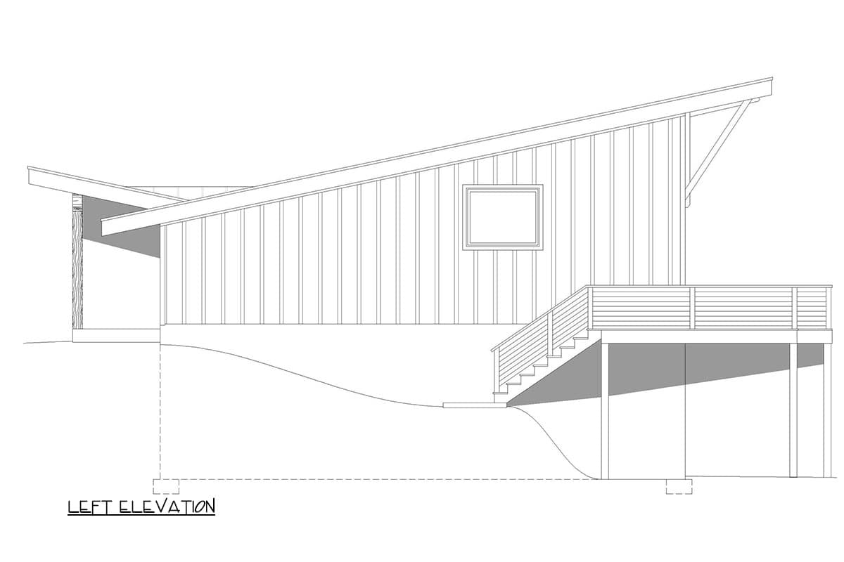 Left elevation drawing of a house plan featuring a shed roof, vertical siding, a single window, and a deck with stairs.