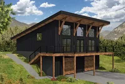 1-Bed Mountain House Plan with a Front-Sloping Lot and Workshop - 1778 Sq Ft