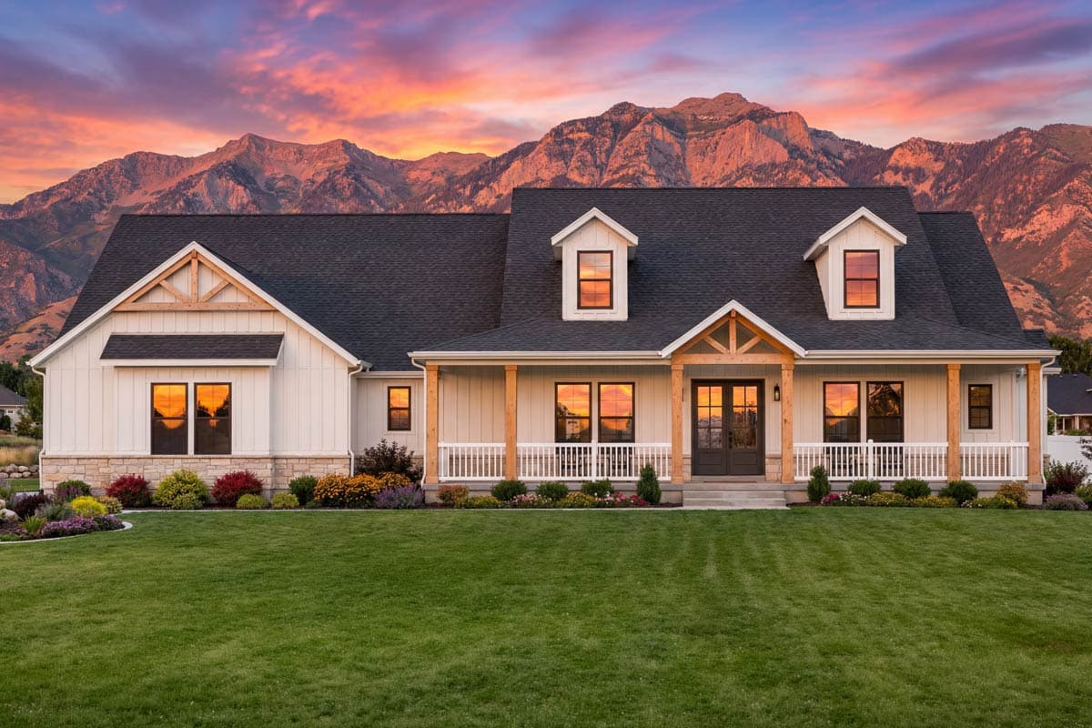 Modern Farmhouse house plan exterior with white board-and-batten siding, stone accents, covered porch, dormers, and exposed wood beams.