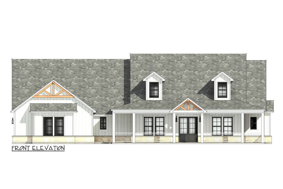 Front elevation of a Modern Farmhouse house plan with gabled dormers, a covered porch, and decorative timber accents.