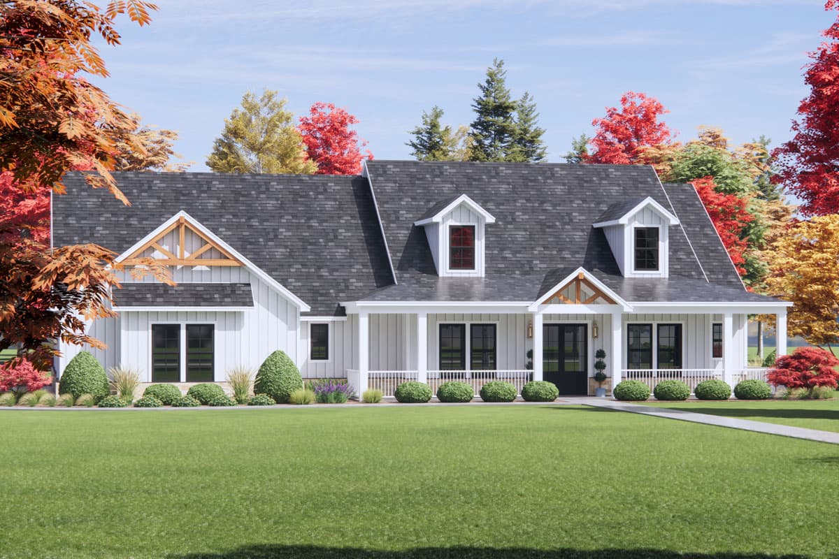 House plan exterior of a white farmhouse-style home with a wraparound porch, gables, dormers, and exposed wood beams.