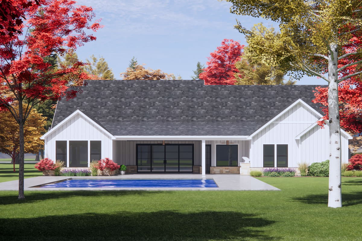 House plan exterior: Modern Farmhouse style, single story, white board and batten siding, gables, covered patio, and large windows.
