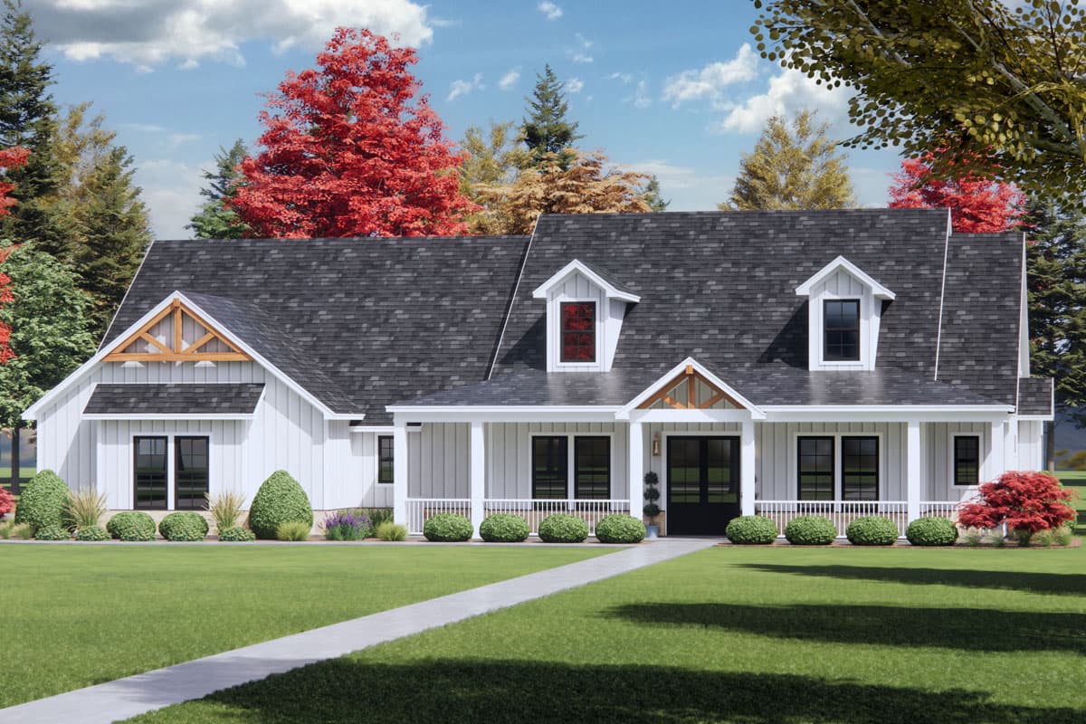 House plan exterior. Modern Farmhouse style with a single story, front porch, dormers, and gabled rooflines.