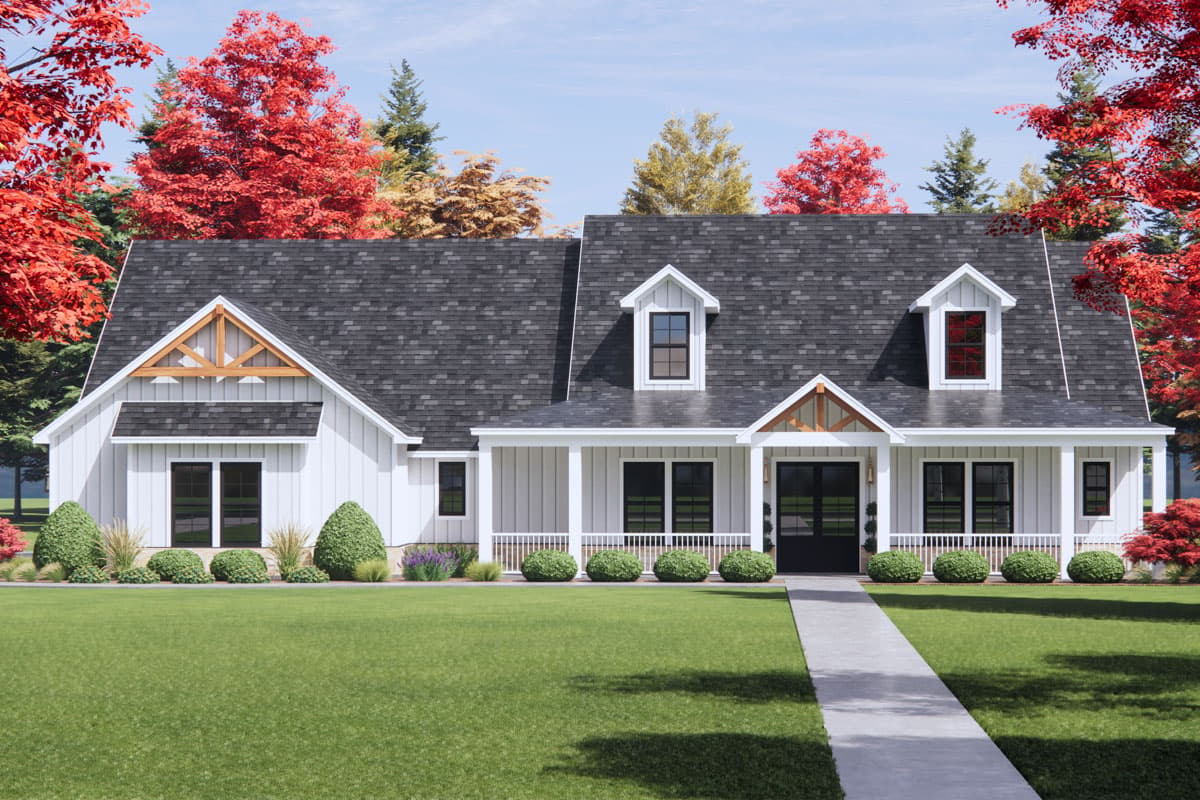 Modern Farmhouse house plan exterior with board-and-batten siding, prominent gables, dormers, and a covered front porch.