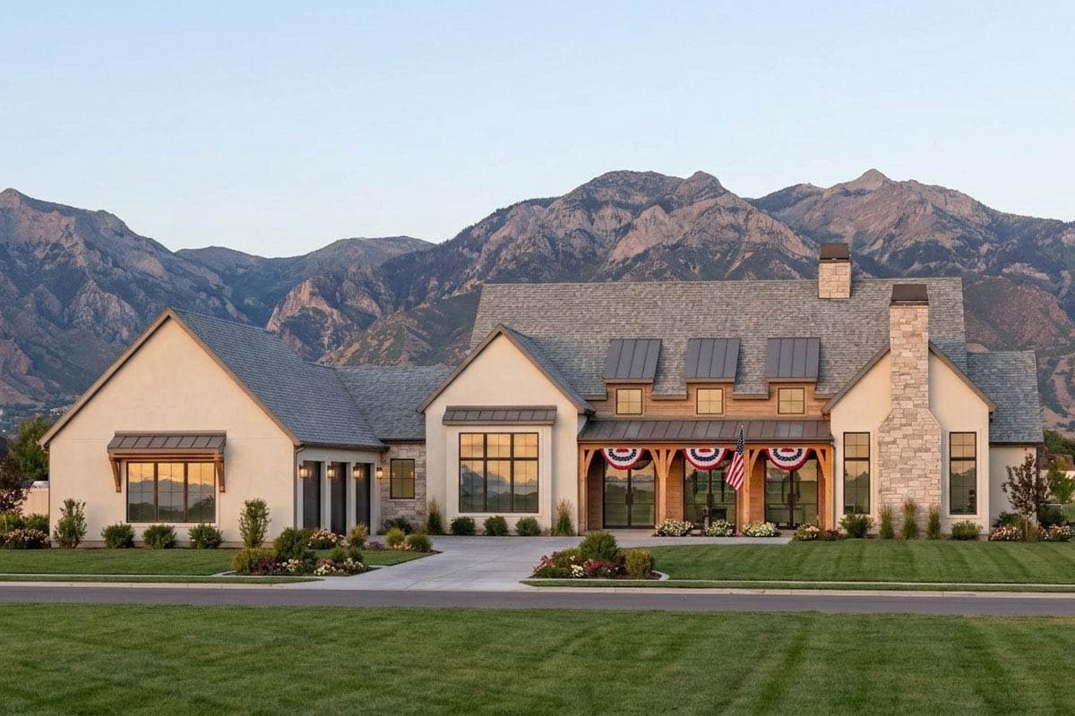 Modern Farmhouse house plan exterior with stone chimney, gabled dormers, and covered entryway with wood accents.
