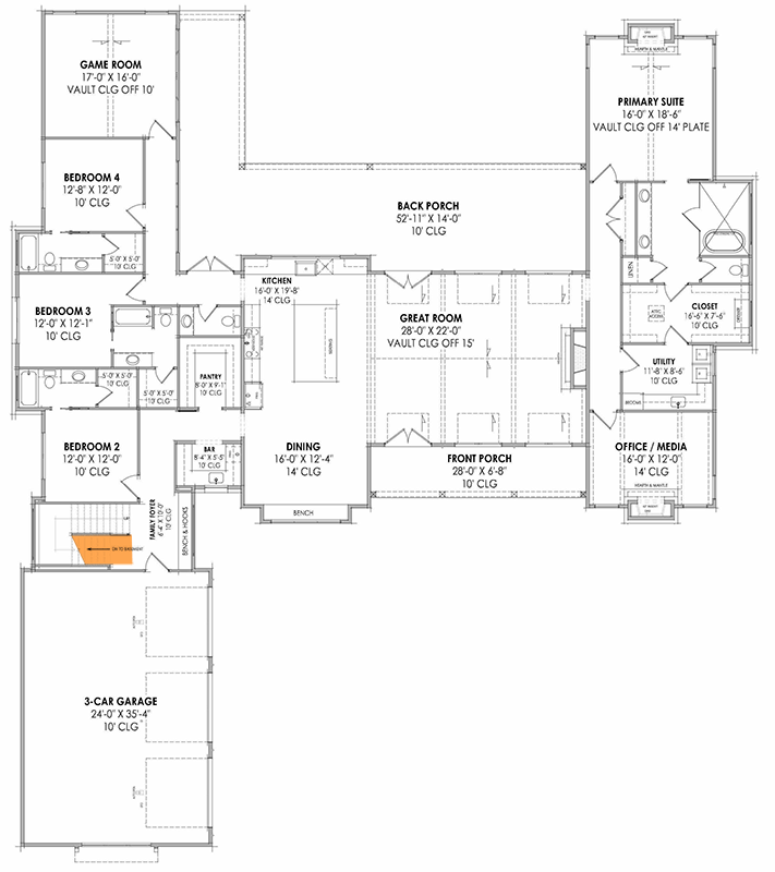 Plan 818135JSS: 4-Bedroom Triple Dormered Modern Farmhouse with Bonus Room - 4038 Sq Ft - Floor Plan - Optional Basement Stairs Location - Country, Craftsman, Farmhouse, Modern Farmhouse, New American, Traditional