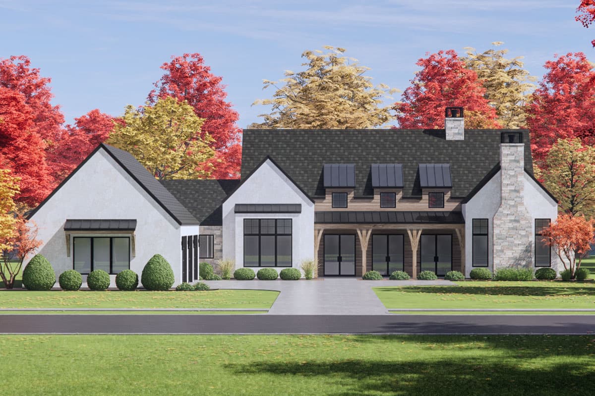 House plan exterior with a stucco finish, stone chimney, and gabled dormers over a covered porch.