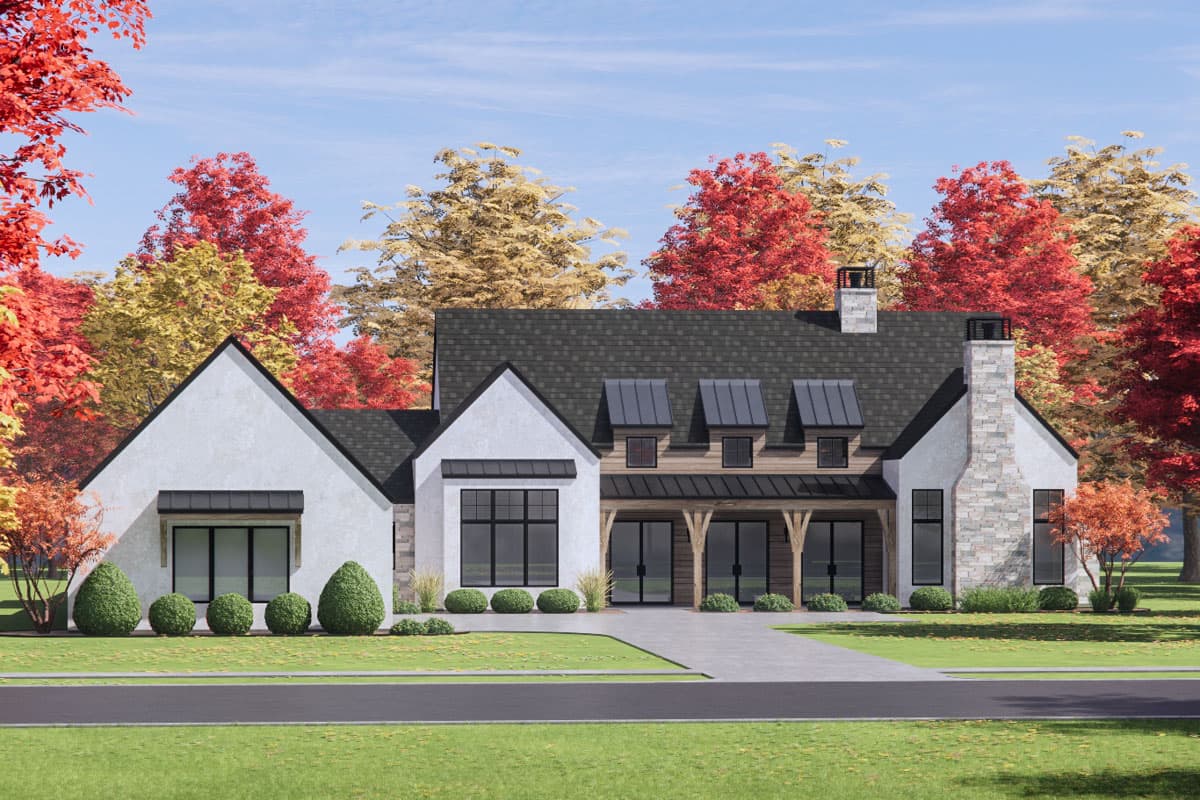 Modern Farmhouse house plan exterior with stone chimney, gables, dormers, and covered porch with wooden beams.