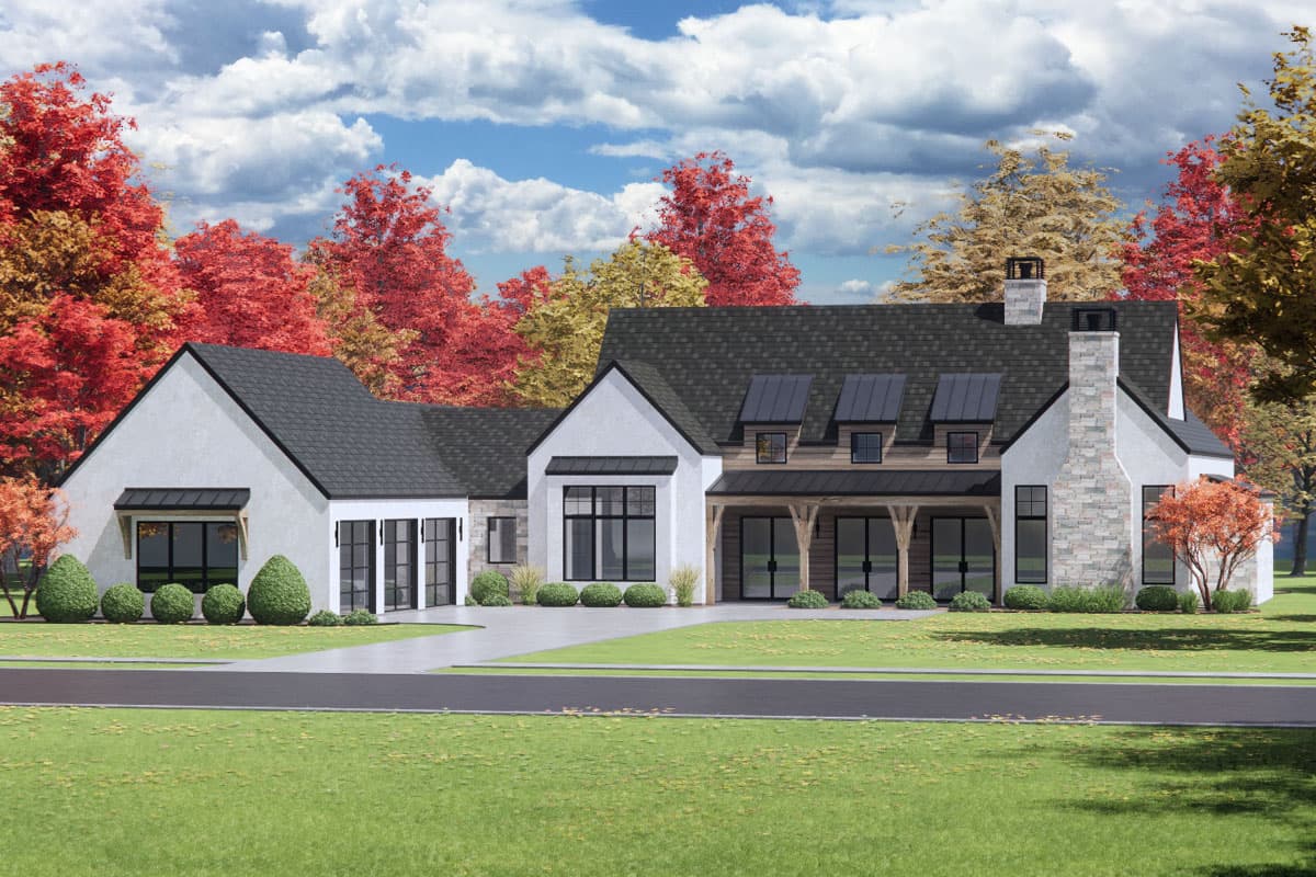House plan exterior. Modern Farmhouse style with a single story, a covered porch, dormers, and a stone chimney.