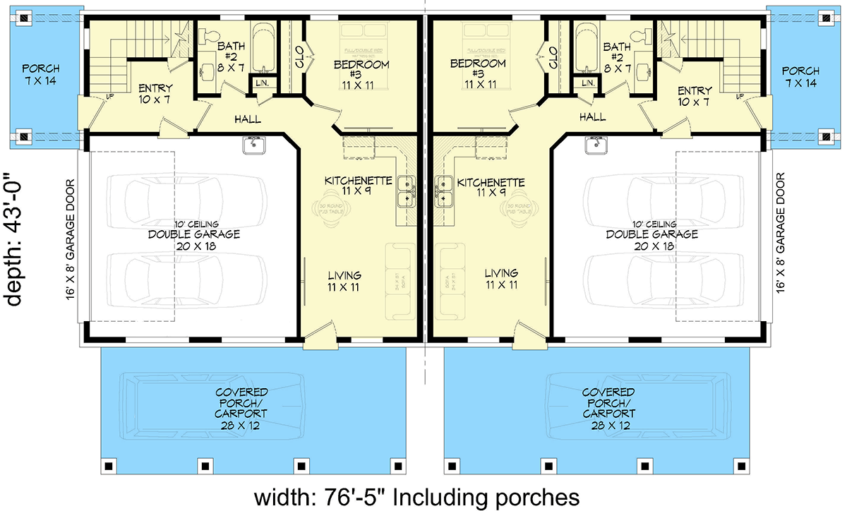 Plan 680439VR: Three-Story Duplex House Plan with Two-Story Great Room - 1792 Sq Ft Per Unit - Floor Plan - Main Level - Contemporary, Country, Mid Century Modern