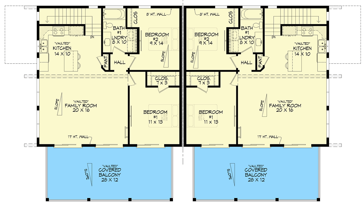 Plan 680439VR: Three-Story Duplex House Plan with Two-Story Great Room - 1792 Sq Ft Per Unit - Floor Plan - 2nd Floor - Contemporary, Country, Mid Century Modern