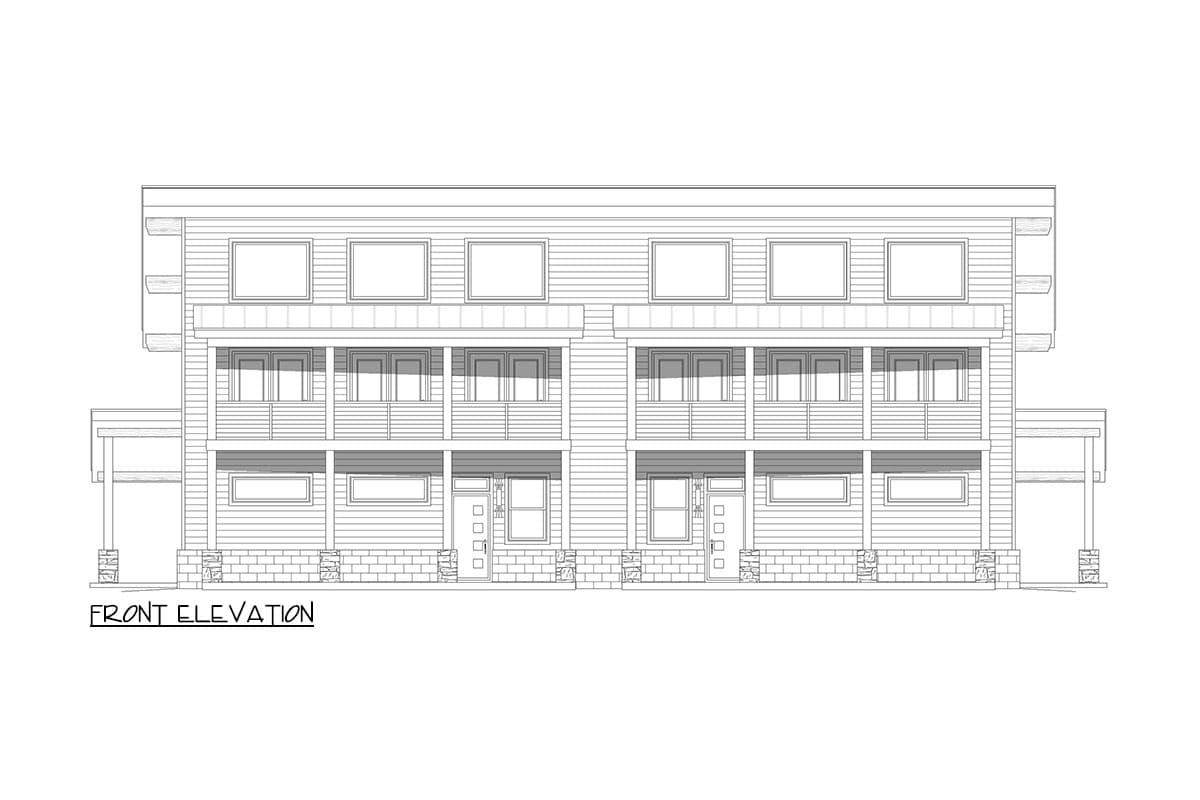 Front elevation drawing of a two-story duplex featuring horizontal siding, multiple windows, and covered porches with stone accents.