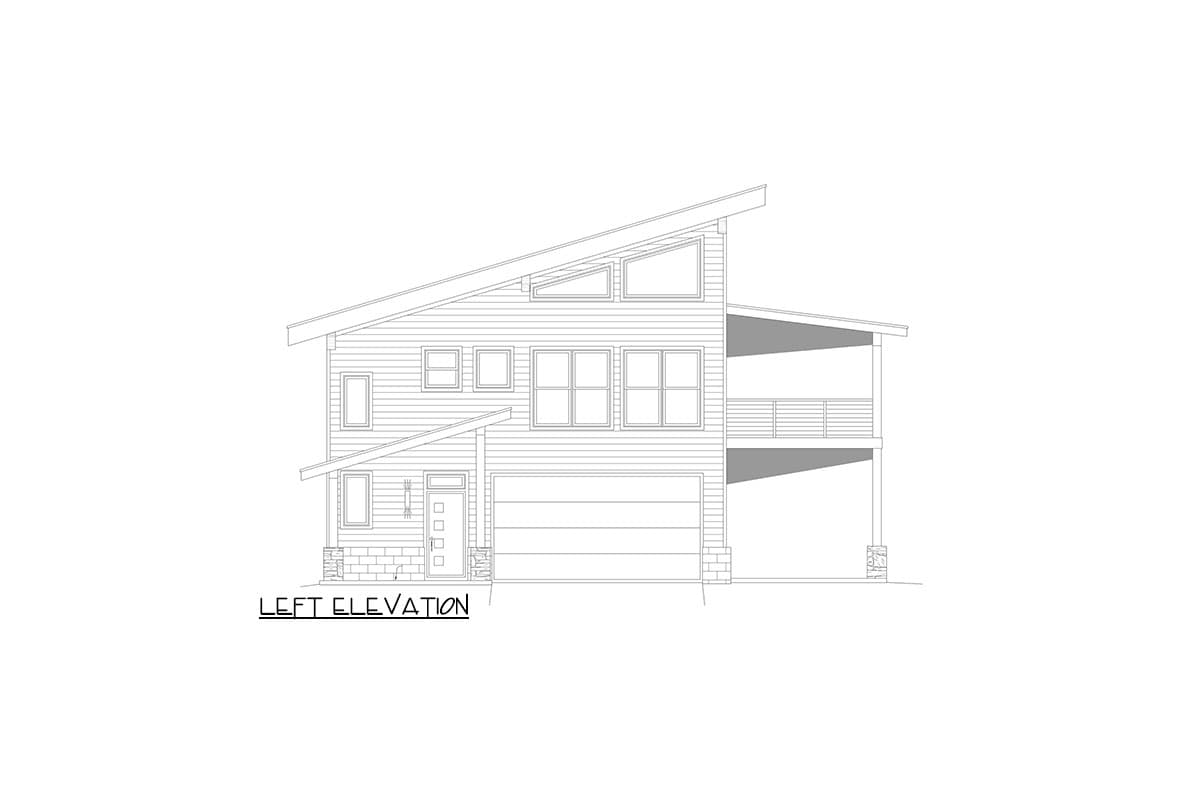 Left elevation drawing of a two-story house plan with a sloped roof, garage, and covered balconies.
