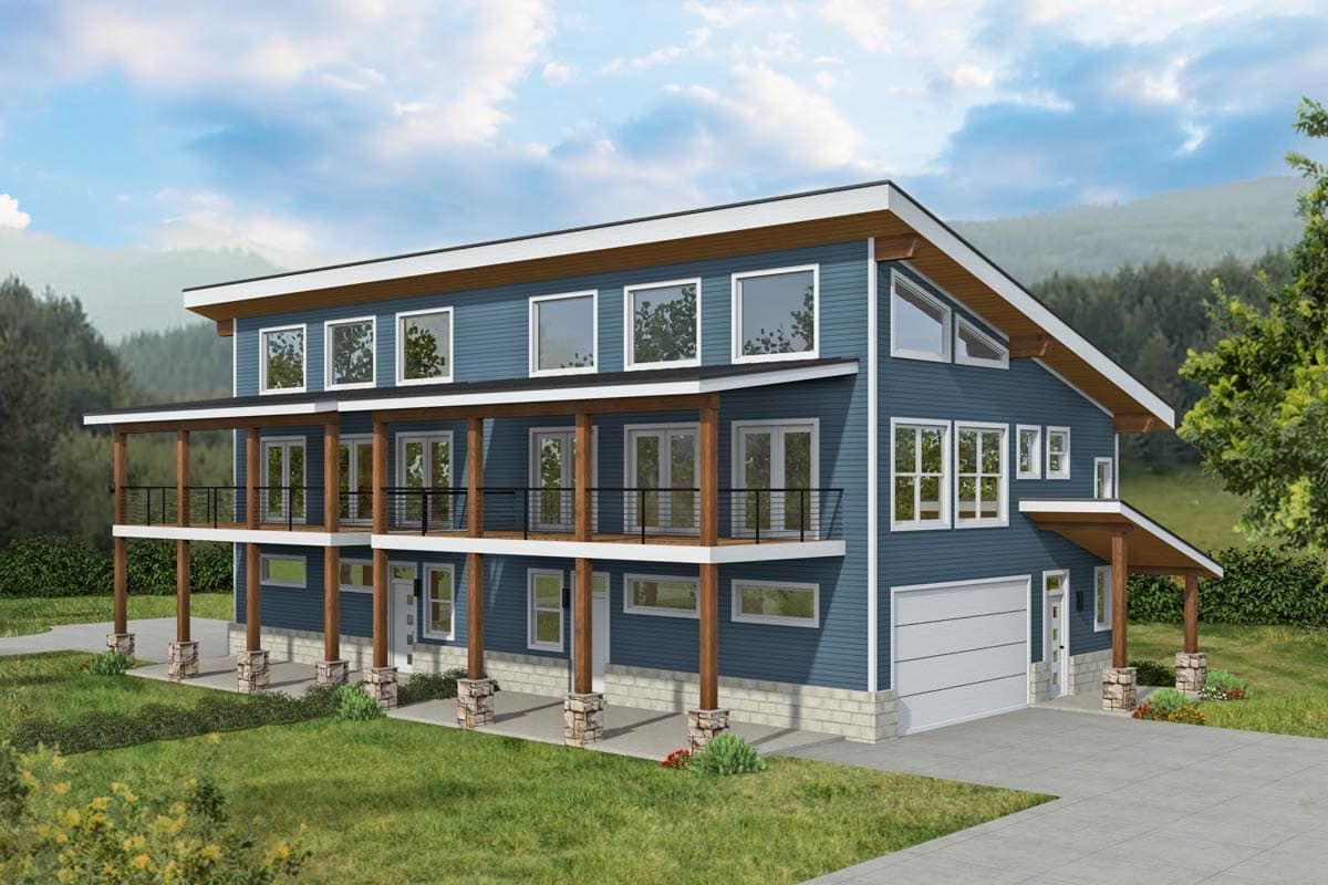 House plan exterior with two stories, modern design, and a flat roof. Features include a two-story porch with railing and a garage.