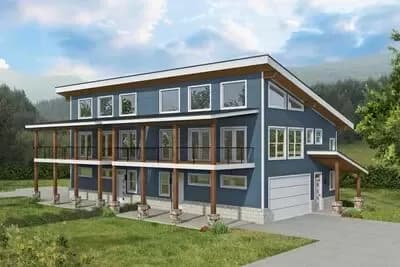 Three-Story Duplex House Plan with Two-Story Great Room - 1792 Sq Ft Per Unit