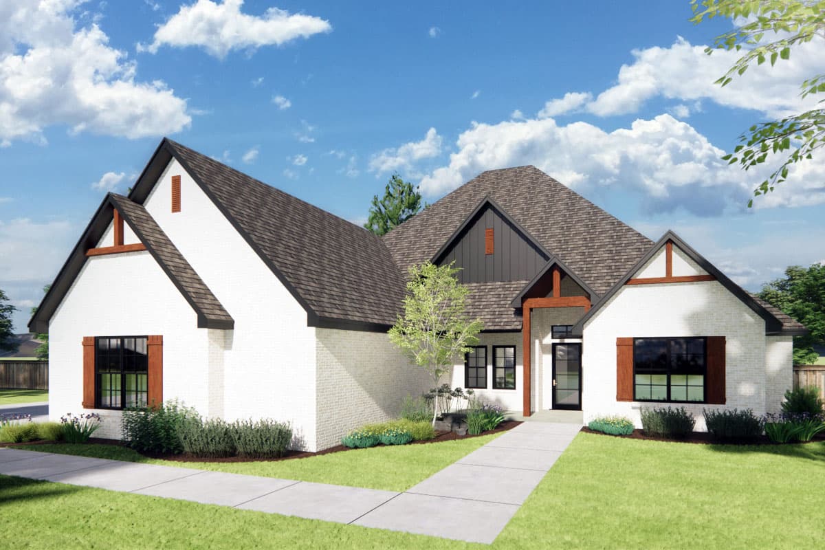 House plan exterior with Craftsman style, one story, and multiple gabled rooflines. Features include exposed timber framing and shuttered windows.