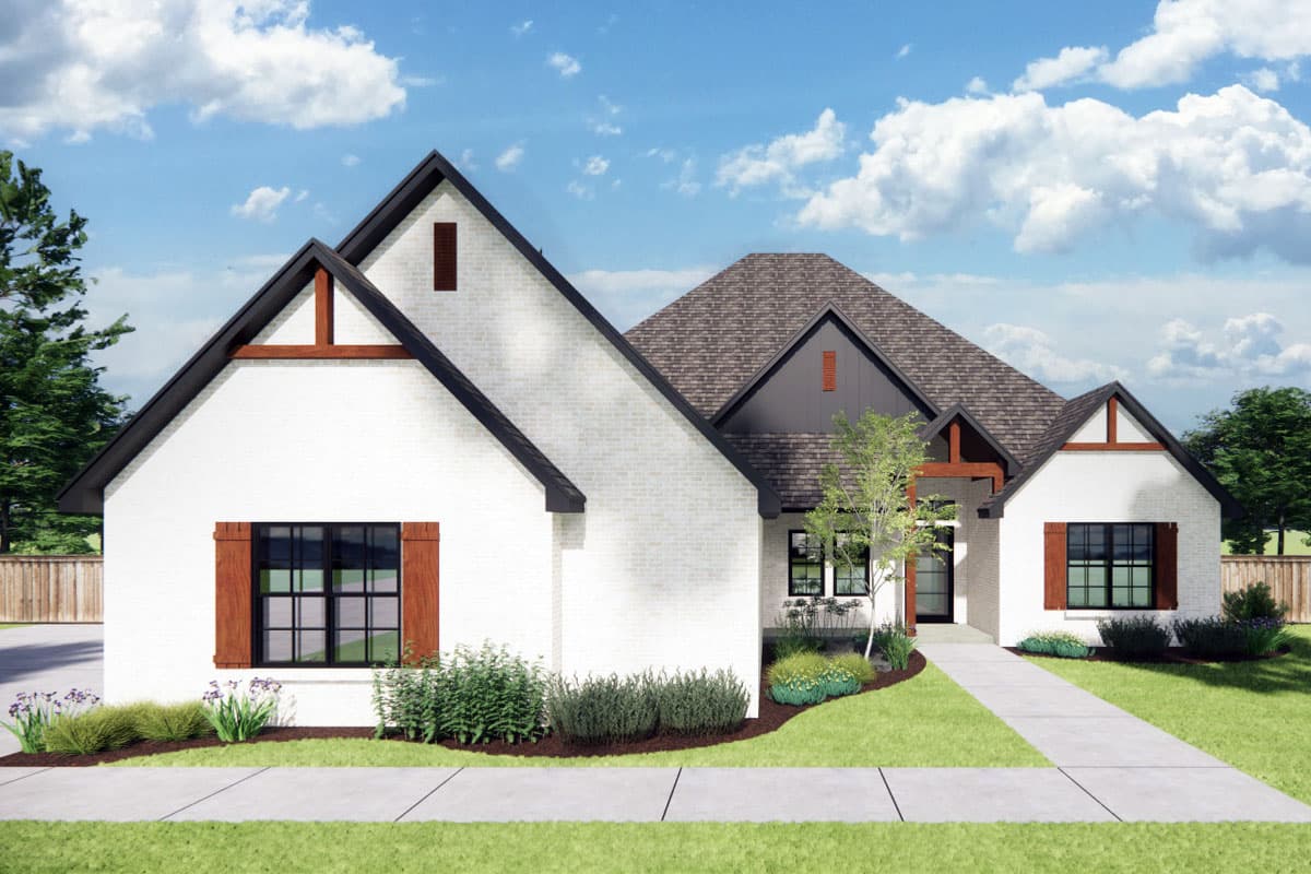House plan exterior: Modern Farmhouse style, single-story with white brick, gable roofs, exposed wood beams, and dark windows.