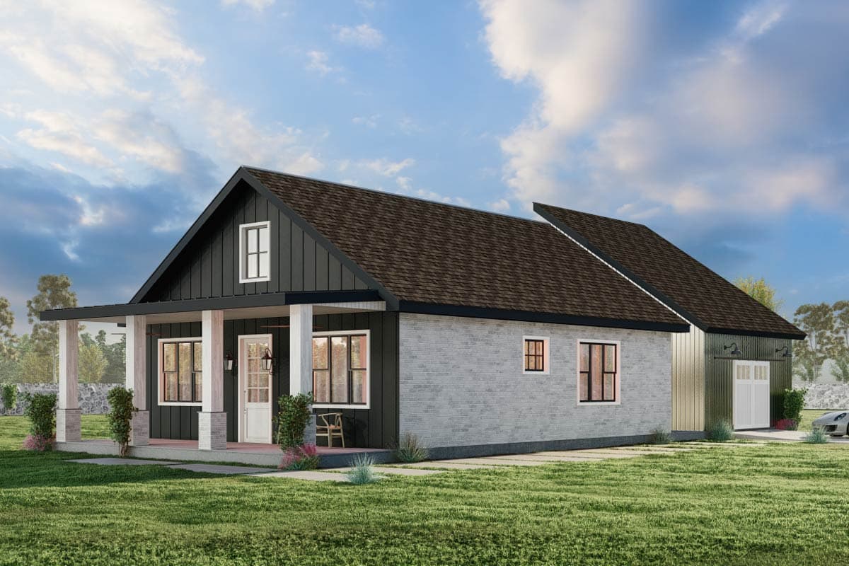 House plan exterior: one-story Modern Farmhouse with gable roof, covered front porch, and attached garage.