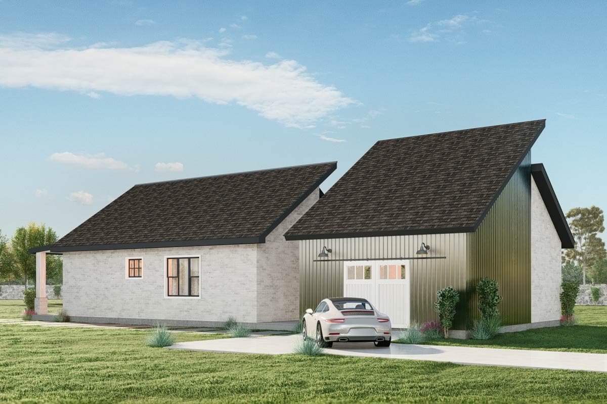 House plan exterior with asymmetrical rooflines, white brick walls, and a standing seam metal garage.