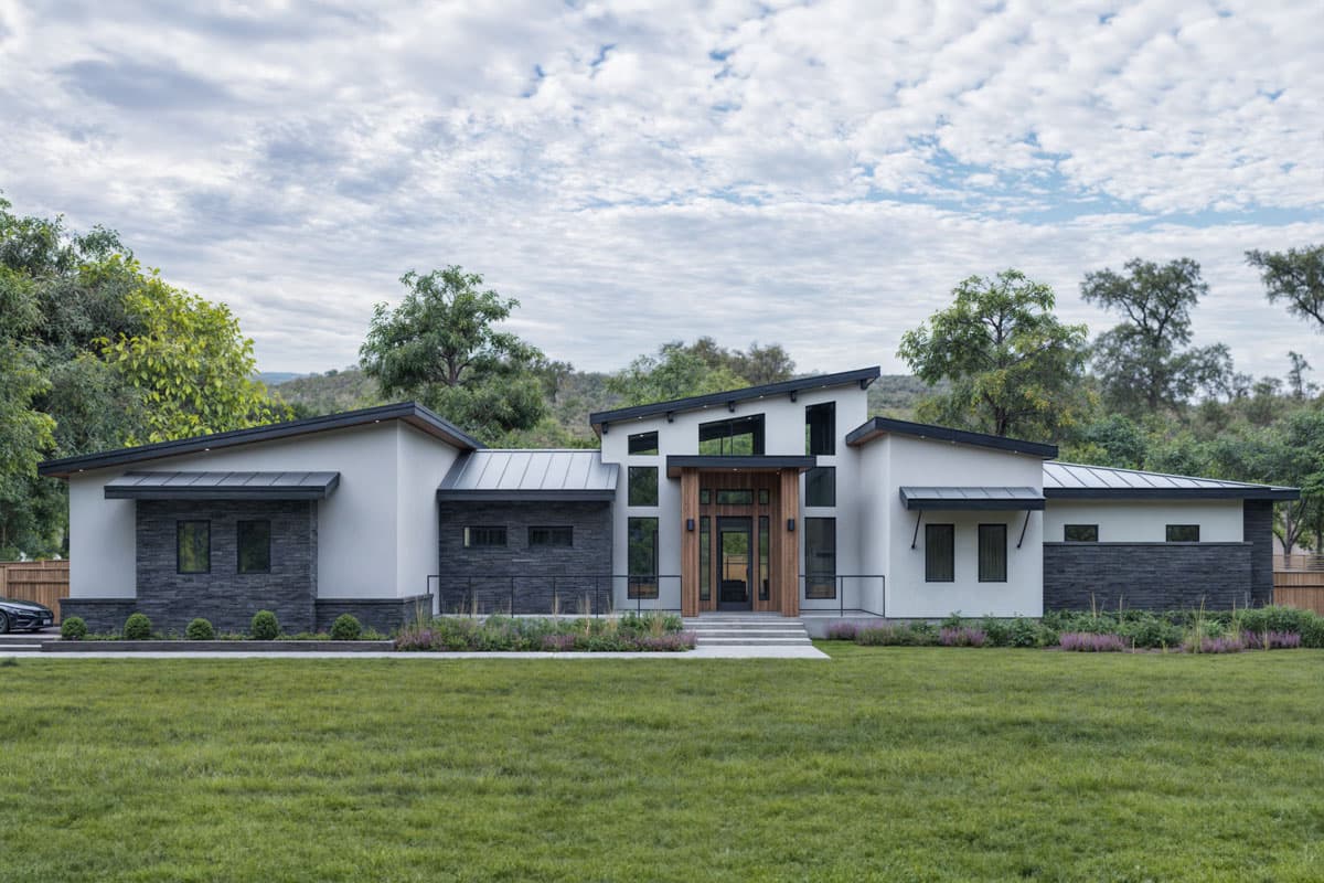 Modern house plan exterior featuring asymmetric rooflines, stone and stucco facade, and large windows.