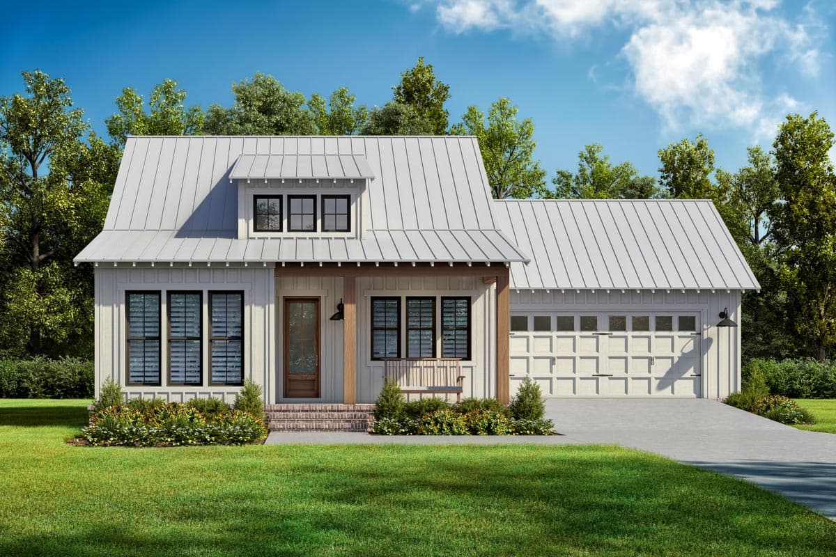 House plan exterior: Modern Farmhouse style, two stories, white board and batten siding, metal roof, gabled dormer, covered front porch.