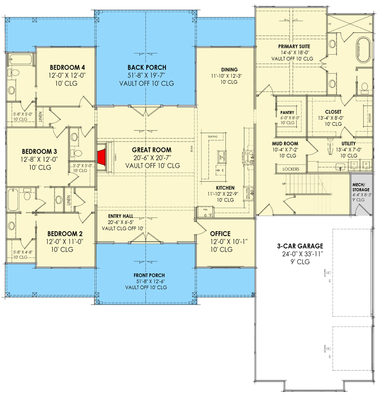 Plan 818136JSS: 4-Bed Modern Farmhouse Plan with Unfinished Bonus Room - 3000 Sq Ft - Floor Plan - Main Level - Craftsman, Farmhouse, Modern Farmhouse