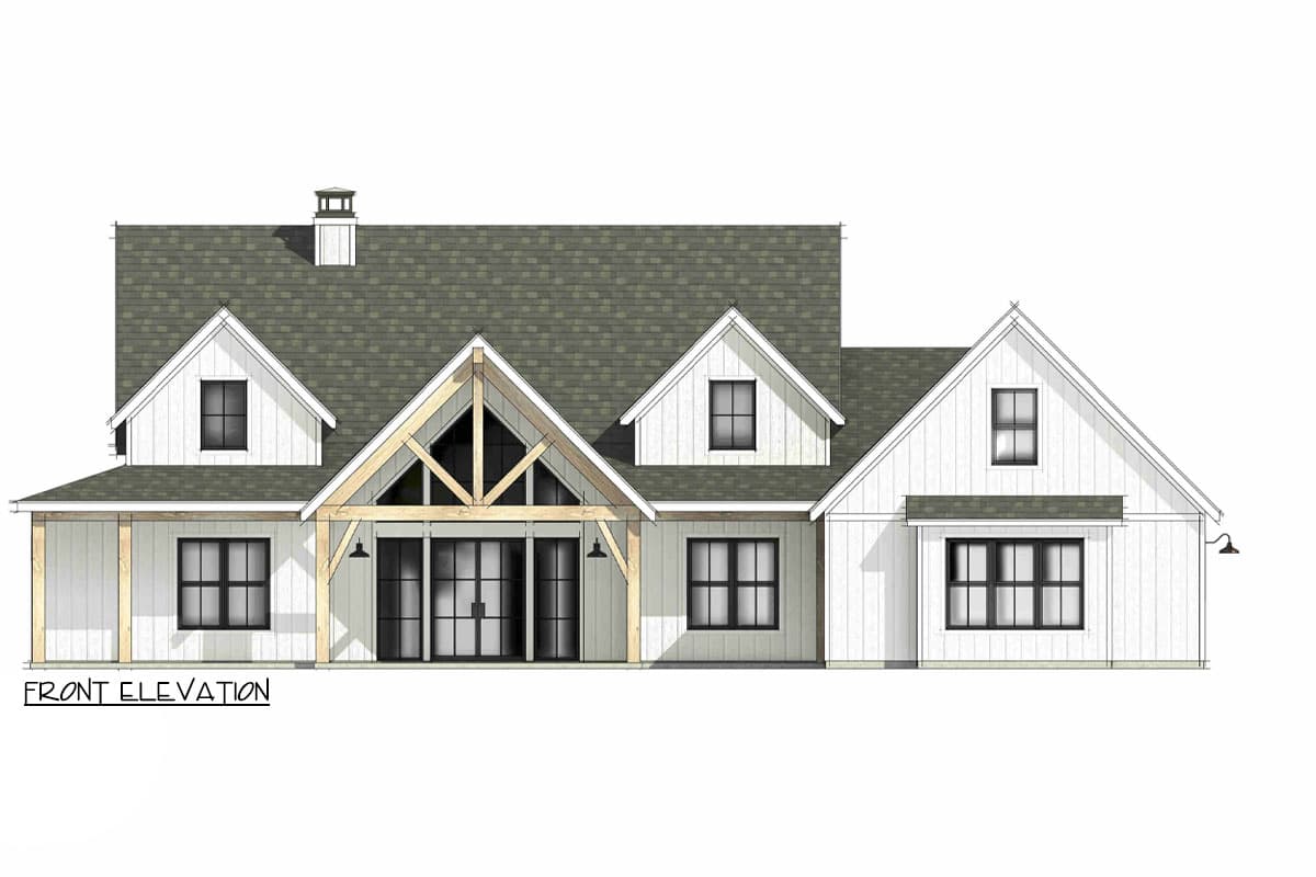 Front elevation of a Modern Farmhouse style house plan. Features include gables, dormers, and a prominent exposed timber frame over glass doors.