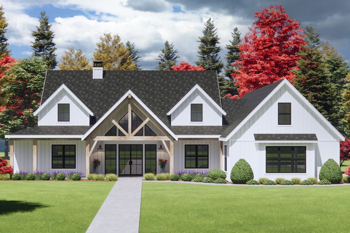 House plan exterior. Two-story Modern Farmhouse with gables, a covered porch, and a dark roof. Features include dormers and exposed beams.