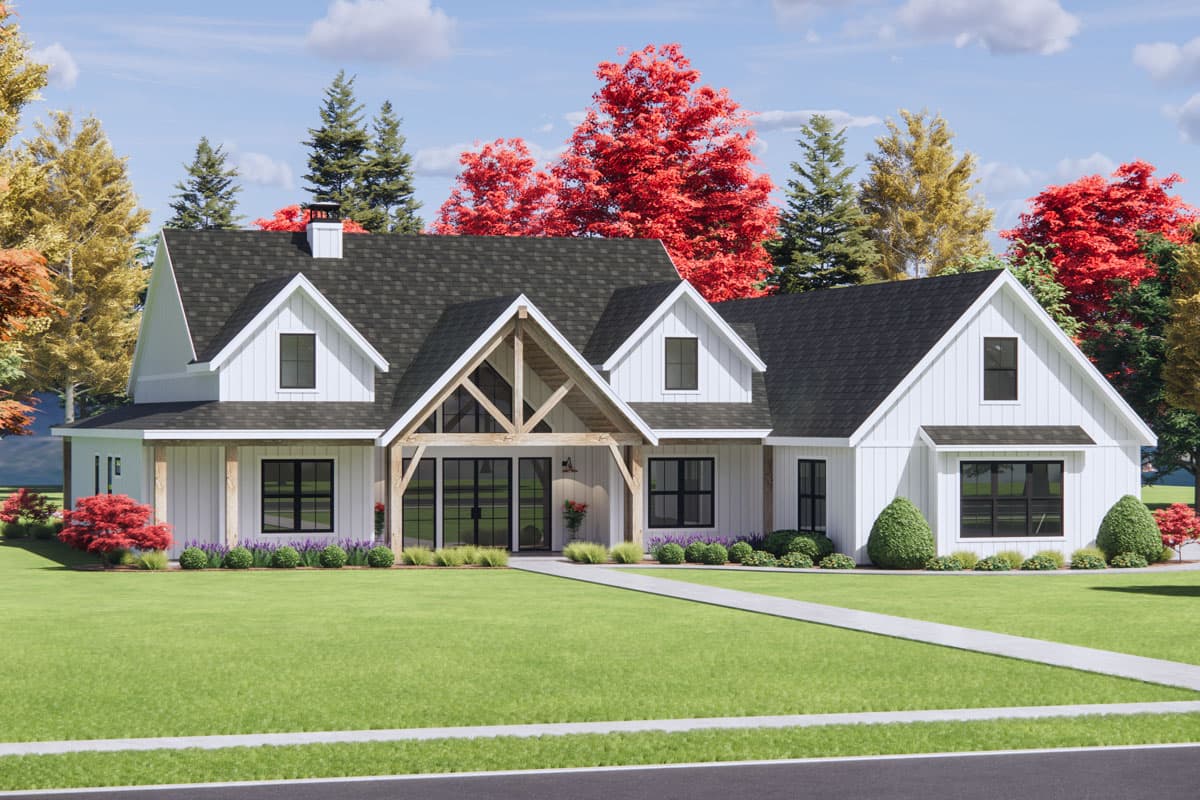 Modern Farmhouse house plan exterior, 1.5 stories, with prominent gabled entrance, board and batten siding, and large windows.