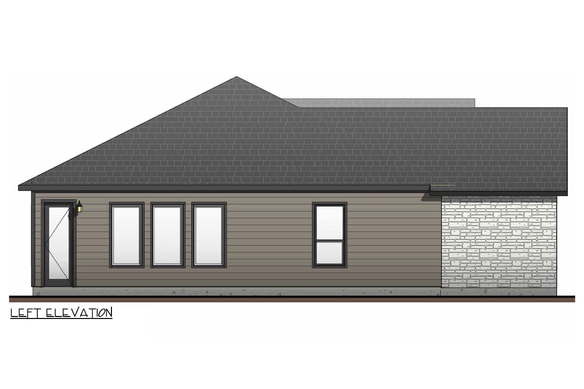 Left elevation of house plan showing horizontal siding, stone accent, a door, and multiple windows.