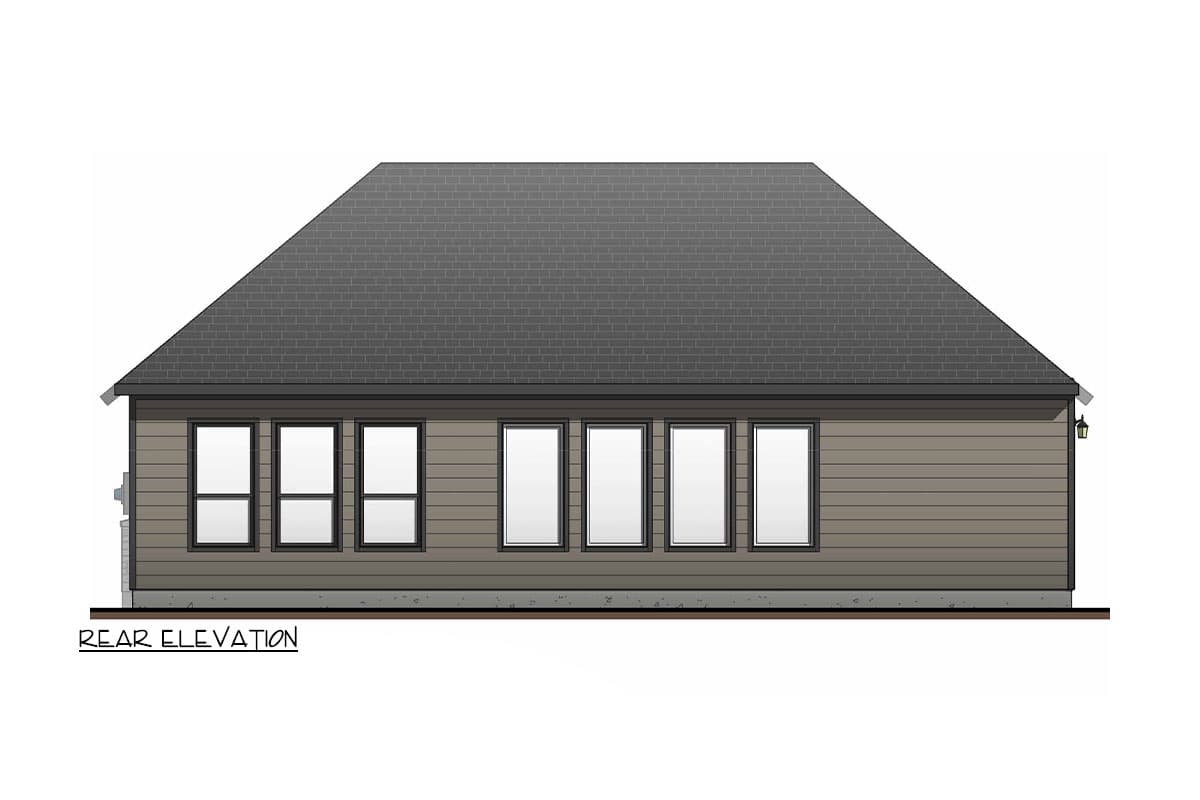 Rear elevation drawing of a one-story house with horizontal siding and six rectangular windows.