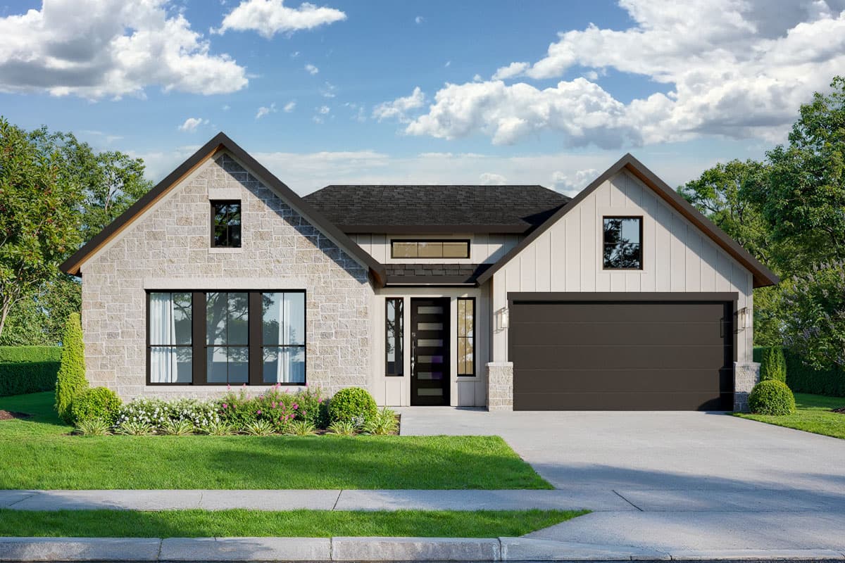 House plan exterior. Modern Farmhouse style with two gables, stone facade, board and batten siding, and an attached garage.