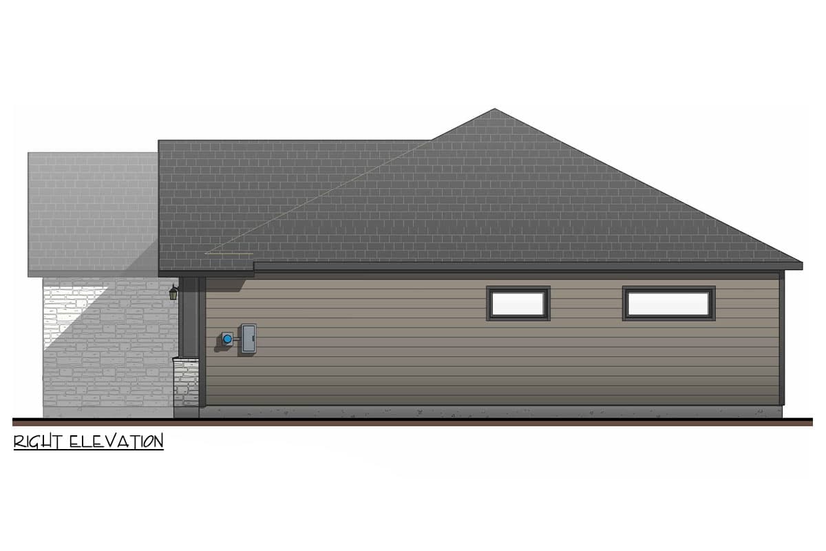 Right elevation drawing showing a house with horizontal siding, stone accents, two rectangular windows, and a gable roof.