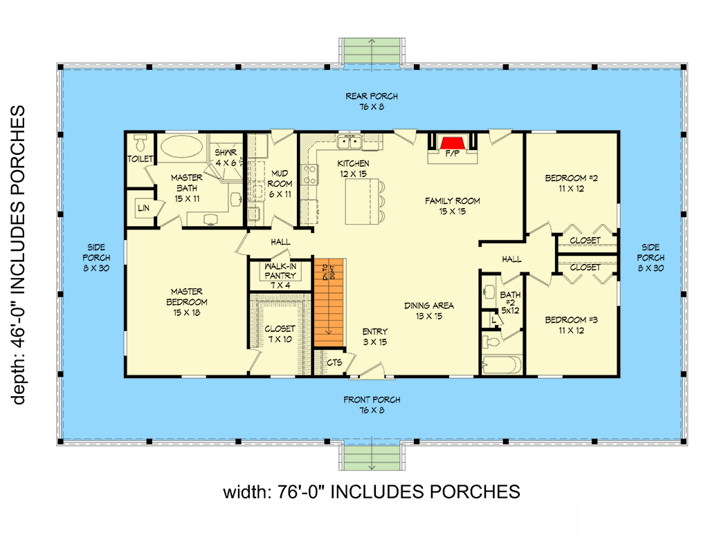 Plan 680440VR: 3-Bed Country Ranch House Plan with Wrap-Around Porch for Side Sloping Lot - 1800 Sq Ft - Floor Plan - Main Level - Country, Farmhouse, Ranch, Traditional