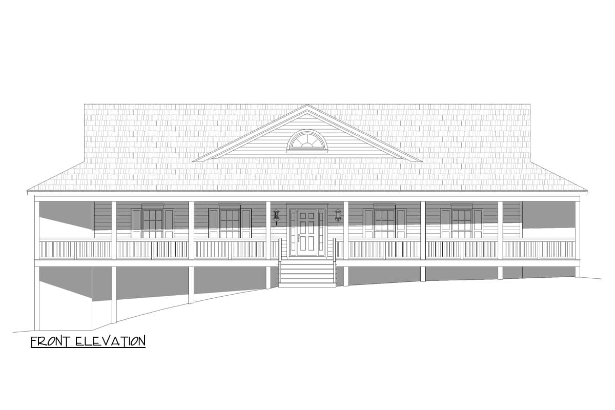 Front elevation house plan with a full-width porch, central double door entry, and a prominent gable with a half-round window.