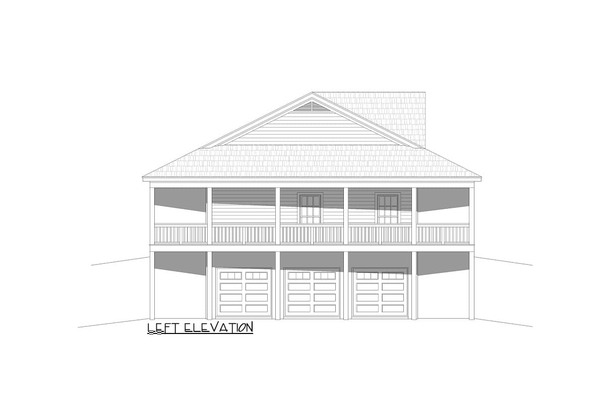 Left elevation drawing of a two-story house plan with a front porch, gable vent, and a three-car garage.