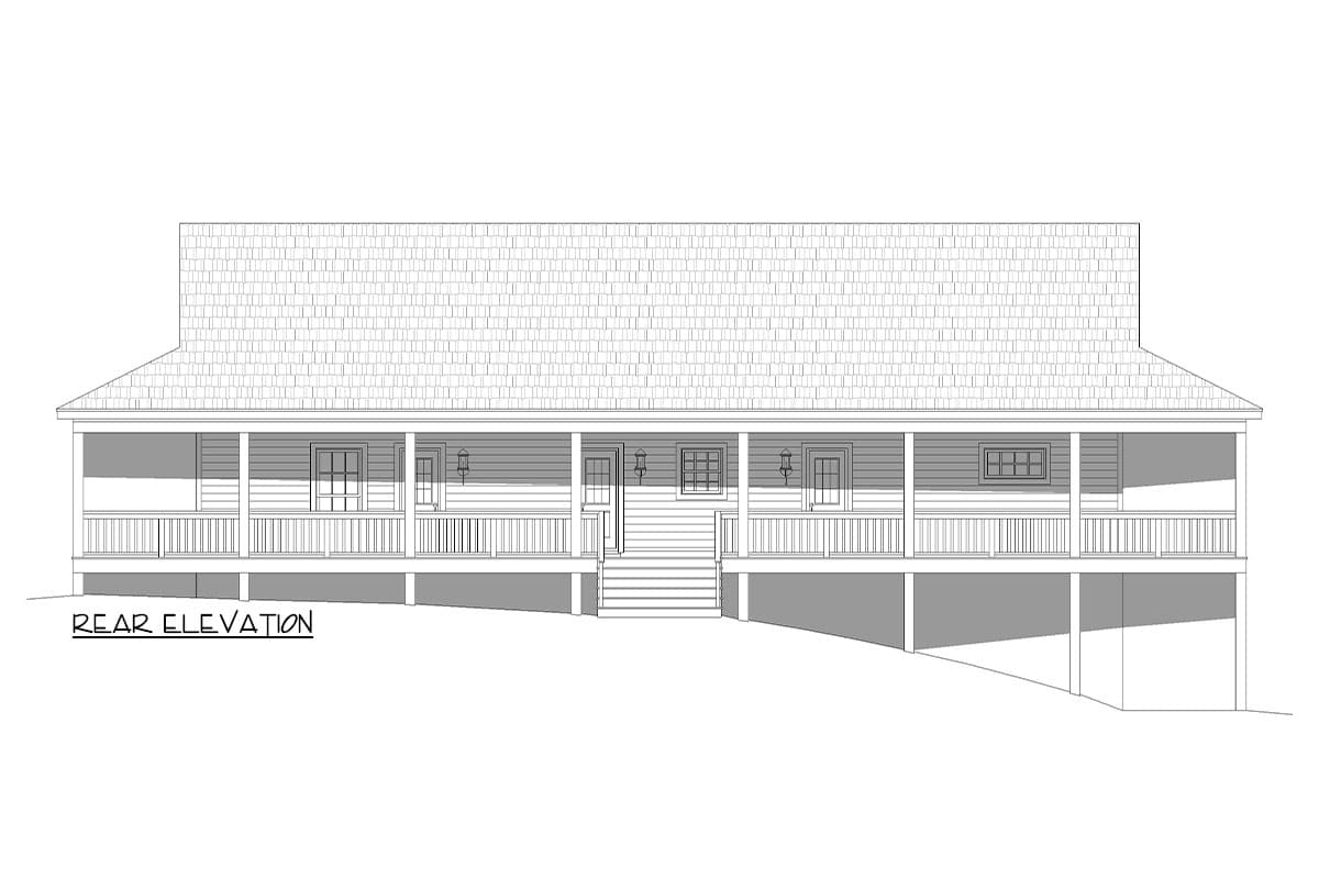 Plan 680440VR: 3-Bed Country Ranch House Plan with Wrap-Around Porch for Side Sloping Lot - 1800 Sq Ft - Image #4 - Country, Farmhouse, Ranch, Traditional