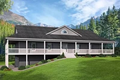 3-Bed Country Ranch House Plan with Wrap-Around Porch for Side Sloping Lot - 1800 Sq Ft