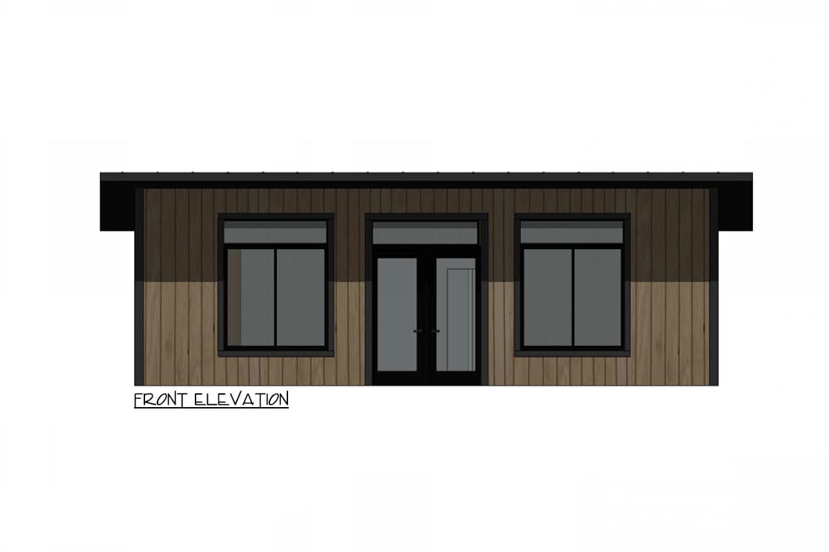 Front elevation of a modern house plan with wood siding, a metal roof, and three large windows flanking a glass-paneled double door.