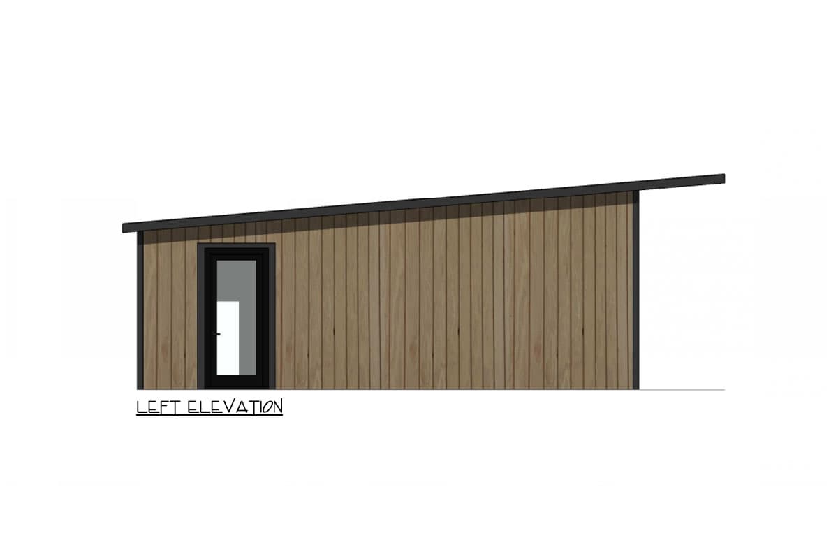 Left elevation drawing of a modern house with vertical wood siding and a single door.
